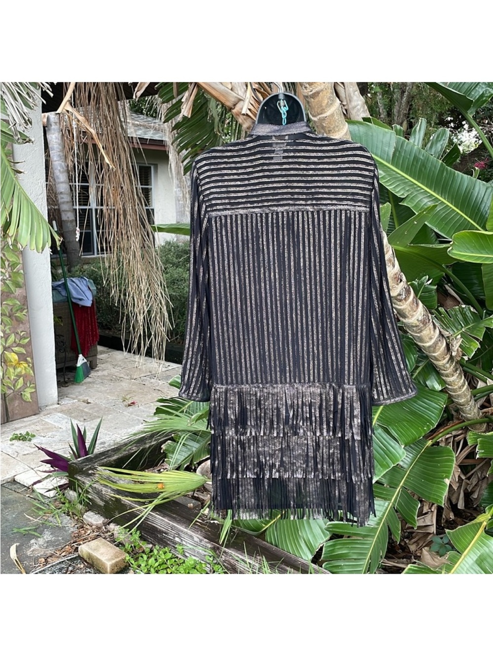Chico’s snake print, metallic and sheer mesh fringe topper jacket